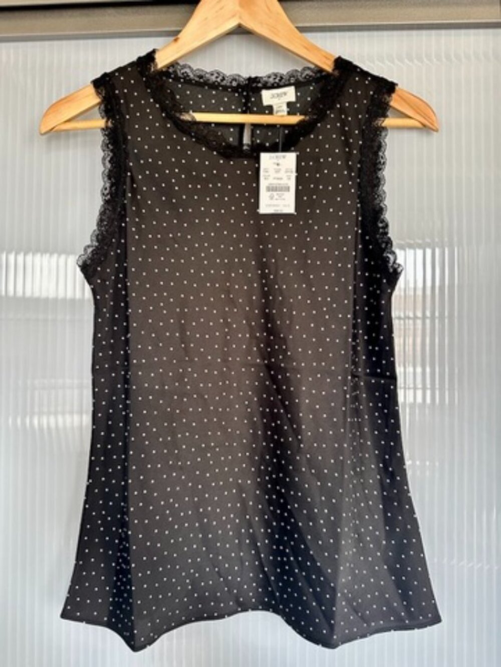 J.Crew Black Polka Dot Lace Trim Sleeveless Shell Top XS NWT